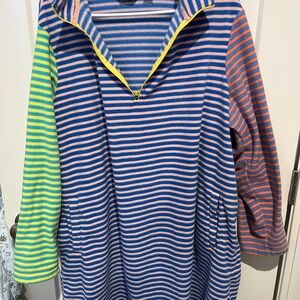 Lands' End Blue and Tan Striped Fleece Pullover Dress